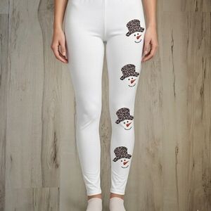 Snowman Print Fleece Lined Leggings Womens Med Winter Graphic Cozy Stretch Pants